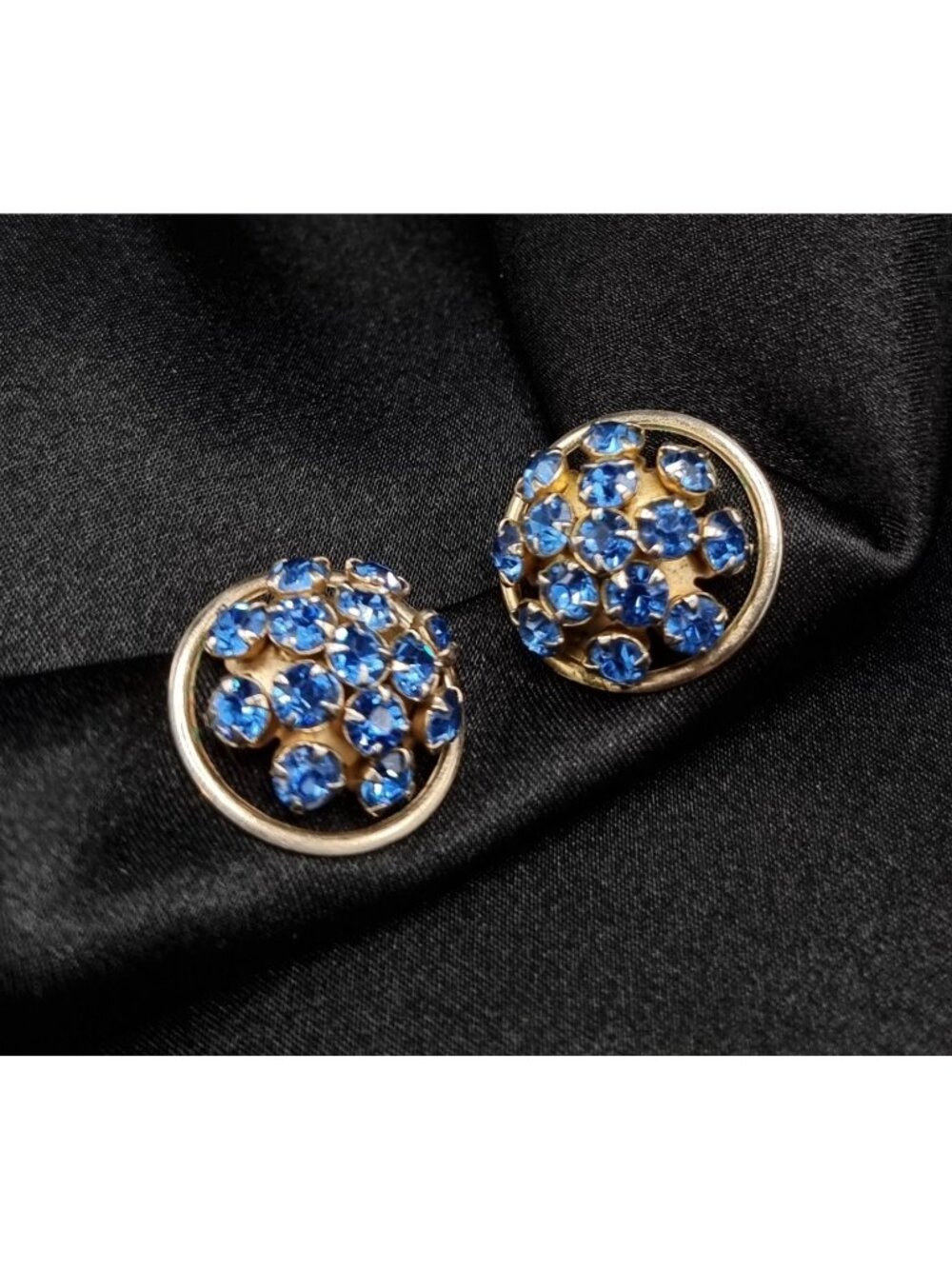 Vintage 1960's Blue Rhinestone Gold-Tone Clip-On Earrings